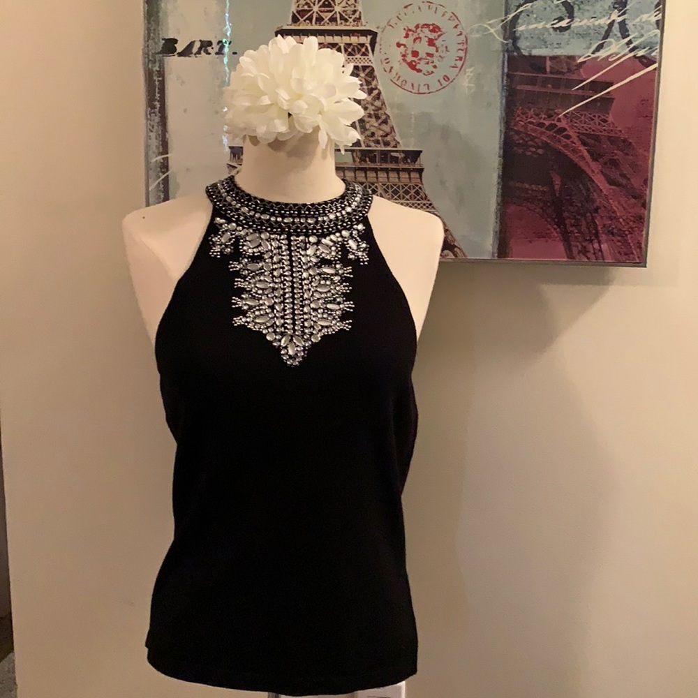 Black Sweater Tank w/ Beaded Jewelled Neckline